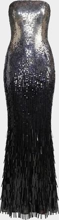 Mac Duggal Embellished Mesh Strapless Fringe Gown