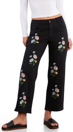 BILLY T Floral Embroidered Straight Leg Jeans in Black Beauty at Nordstrom, Size 26