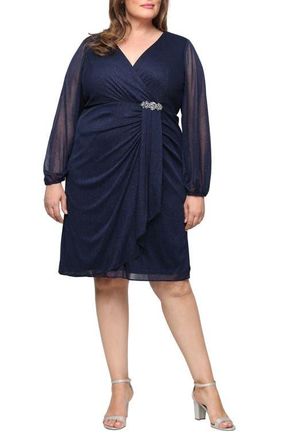 S.L. Fashions Glitter Mesh Long Sleeve Cocktail Dress in Navy at Nordstrom, Size 20W