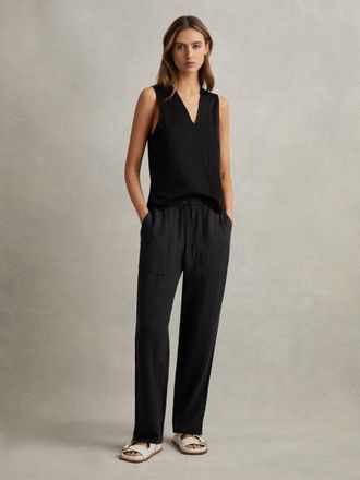 Reiss Womens Romie Linen Trousers Plain, Charcoal Size: 10