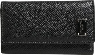 Dolce & Gabbana Black Leather Silver Metal Logo Plaque Trifold Womens Keyring