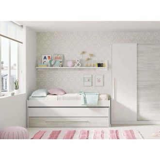 Dmora Letto per bambini Sunnyvale, Struttura letto per cameretta, Letto singolo con lettino estraibile, cassettone e mensola, 199x96h65 cm, Bianco