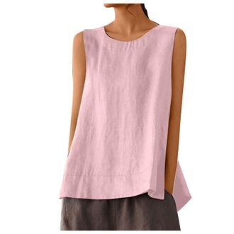 Generic Womens Casual Sleeveless Tank Top Crew Neck Loose Fit Plain Camisole Cotton Linen Blend Top Women Party, red, XXL