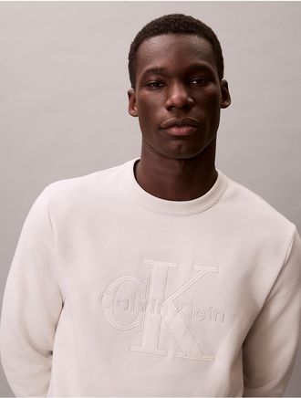 Calvin Klein Jeans Calvin Klein Mens Fleece Velvet Monologo Graphic Relaxed Sweatshirt - White - 2XL