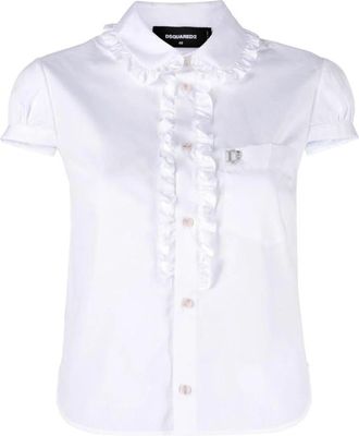 Dsquared2 Gerimpeld Poplin Shirt Korte Pofmouwen - Dames - Overhemden - Wit - XS - Katoen - Overhemden