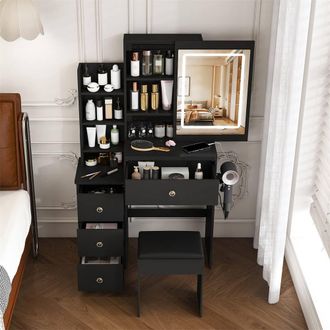 Direct Wicker Modern LED Vanity Desk with 4 Drawers, Power Socket & Dressing Chair in Black | Size: 1 Pack
