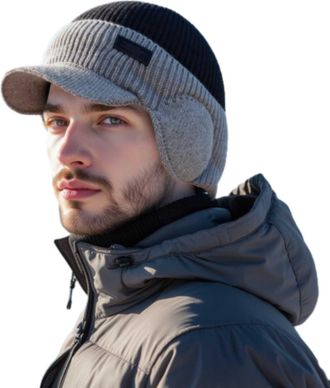 Generic Yuan Winter Hat, Winter Knitted Baseball Cap for Men, Fleece Lined Thick Knitted Hat with Ear Flaps (Black)