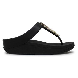 FitFlop Fino Crystal Chain Toe Post Leather Womens Wedge Sole Sandals - Black - Size:UK 5.5