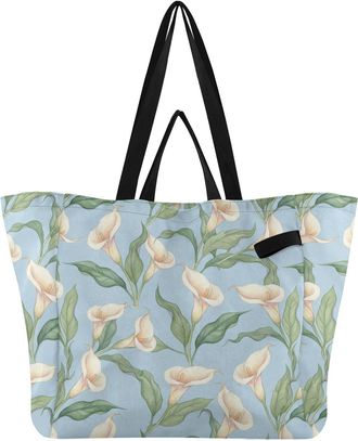 Generic Flower Leaves Blue pattern Reusable Canvas Tote Bag, Heavy Duty Grocery Shopping Bag with Double Handles Hard Bottom Large Capacity Work Groceries Tra