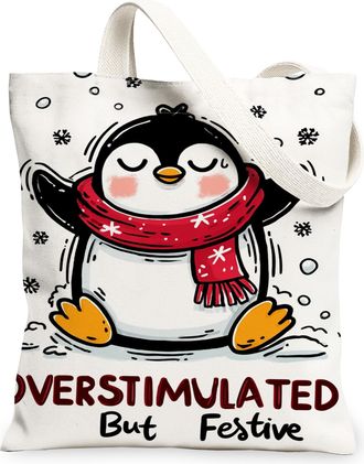 Generic Penguin Canvas Tote Bags, Cute Animal Print Lightweight Washable Grocery Bags, Winter Holiday Shoulder Strap Canvas for Tra, White, 13x15 Inch