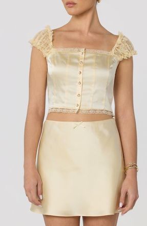 ASTR the Label Elliana Lace Trim Satin Button-Up Crop Top in Butter Yellow at Nordstrom, Size X-Small