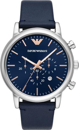 Emporio Armani Leather Strap Chronograph Watch, 46mm in Silver at Nordstrom Rack