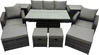 Fimous Rattan Garden Furniture Dining Set 8-seater Patio Height Adjustable Rising Lifting Table Sofa Set with 2 Side Table 2 Big Footstool Dark Grey Mixed