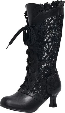 Generic Womens Retro Knee High Boots Round Toe High Square Heel With Lace Up And Hollow Mesh Design Breathable Tall Shoes
