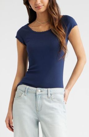 BP. Lace Trim Cotton Blend T-Shirt in Navy Iris at Nordstrom, Size Xx-Small