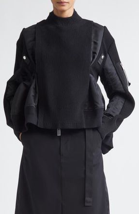 sacai Mixed Media Bomber Jacket with Sweater Bib Overlay in Black at Nordstrom, Size 2