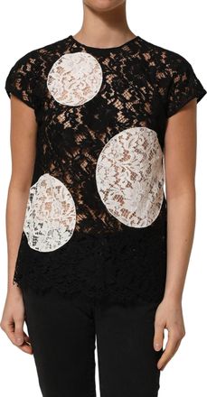 Dolce & Gabbana Womens Black White Floral Lace Short Sleeve Blouse Top Cotton Viscose Nylon