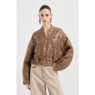 Brunello Cucinelli Dazzling Embroidery Bomber in Beige at Nordstrom, Size 48 It