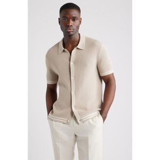 Nordstrom Short Sleeve Ribbed Cotton & Silk Cardigan in Beige Oak Heather at Nordstrom, Size Xx-Large