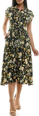 Nina Leonard Floral Short Sleeve Shirtdress in Black/Yellow Multi at Nordstrom Rack, Size Medium