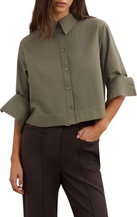 Reiss Caylan Cotton & Wool Crop Button-Up Shirt in Khaki Green at Nordstrom, Size 14 Us