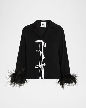 Sleeper Cropped Feather-Cuff Viscose Pajama Set