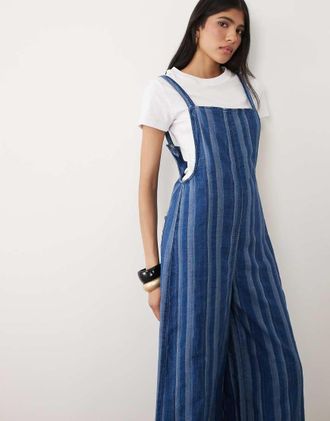 Asos Tuta jumpsuit a fondo ampio in morbido denim blu rigato-Multi