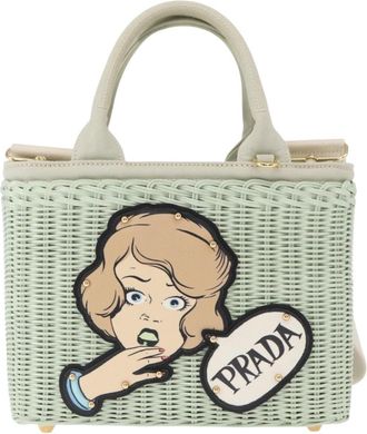 Prada Comic Basket Bag Wicker With Applique Green Wicker Handbag (Pre-Owned)