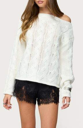 Edikted Nellie One-Shoulder Cable Stitch Sweater in Cream at Nordstrom, Size X-Small