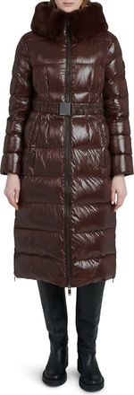 The Recycled Planet Lexi Water Resistant Hooded Nylon Down Puffer Coat with Faux Fur Trim in Dark Coffee at Nordstrom, Size X-Large