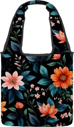Generic Floral with Leaves Reversible Canvas Shoulder Tote - Double-Sided Print, 12oz Cotton, 27cm Drop, Fold-Flat Bag for Travel, Shopping, Street Outings