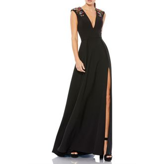 Mac Duggal Beaded Cap Sleeve V Neck A Line Gown in Black at Nordstrom, Size 10