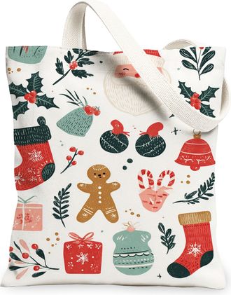 Generic Christmas Holiday Canvas Tote Bags, Vintage Festive Pattern Reusable Grocery Bags, Lightweight Washable Shoulder Strap Canv, White, 13x15 Inch