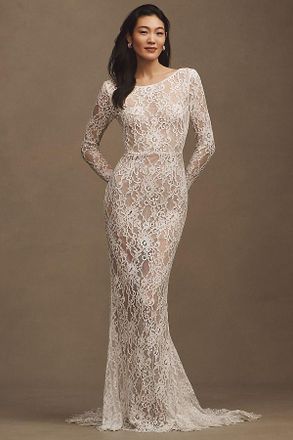 Bronx and Banco Colette Blanc Lace Long-Sleeve Mermaid Wedding Gown