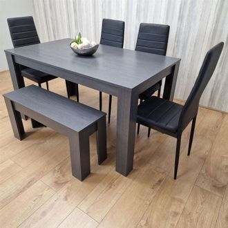 Kosy Koala Dining Table and 4 Chairs With a Bench Black Dark Grey 4 Black Leather Chairs 1 Grey Bench Wood Dining Set Furniture