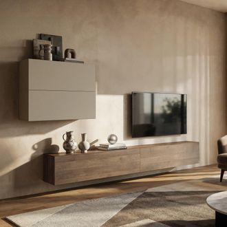 Dmora Pared Modular Suisio, Mueble De Sal&oacute;n 4 Estantes, Modular, Puerta Abatible, Beige