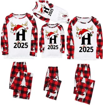 Generic Family Christmas Pyjamas Set, Matching Holiday Loungewear with Plaid Bottoms, Personalised Letter Name Initials Pyjamas, Customisable Xmas Pjs for Wom