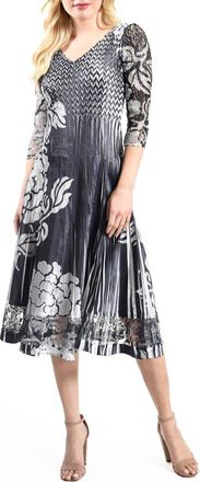 Komarov Silver Stencil Printed Charmeuse 3/4 Sleeve Dress in Black/silver Brocade at Nordstrom, Size X-Small