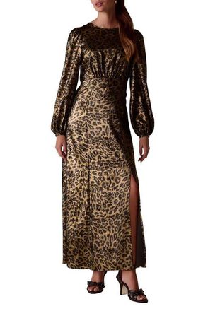 Next Metallic Animal Print Long Sleeve Maxi Dress in Yellow at Nordstrom, Size 12 Us