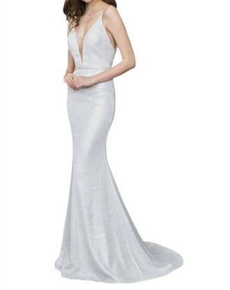 Angela & Alison Plunging V-Neck Prom Dress In Silver