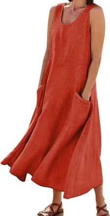Generic Ladies Linen Dresses, Sleeveless Crew Neck Solid Maxi Sundresses with Pockets Summer Beach Casual Loose Long Sundress Beach Dresses for Women UK Orang