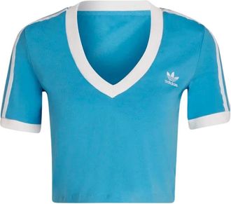 adidas 3Stripes VNeck Crop Tee Hn 042 - Dames - Sportshirts - Blauw - M - Katoen - Fitness