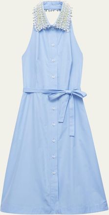 Prada Embellished-Collar Belted Cotton Halter Shirtdress