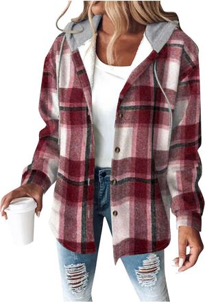 Generic Womens Plaid Fleece Lined Jacket Wool Quilted Coats Hooded Drawstring Lumberjacket Button Down, Sweatshirt Hoodie, Checked, Ladies Elegant Shirt, Over