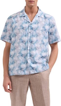 Bugatchi Jackson Palm Leaf Print Camp Shirt in Teal at Nordstrom, Size Xxx-Large