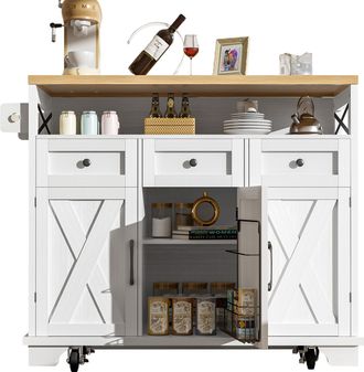 STILVORA Isla De Cocina Con 3 Cajones, Encimera Abatible, Toallero Y Ruedas, En Mdf Y Metal, 118 X 43-70 X 98 Cm, Blanco