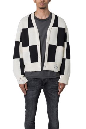 mnml Mens Checkered Cardigan, Black/White, Medium