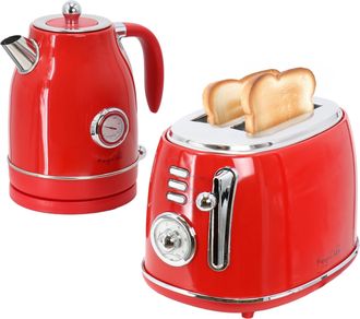 MegaChef 1.8 Quart Electric Tea Kettle and 2 Slice Toaster Combo in Red