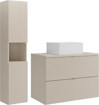 Vente-Unique Mueble de ba&ntilde;o suspendido en espiga con lavabo sobre encimera cuadrado y columna - Beige - 80 cm - DORIONI