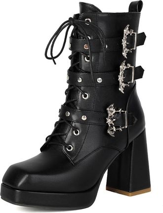 Generic Womens Gothic Ankle Boots with Bat Buckle Detail Patent Leather Lace-Up Zipper Chunky Platform Heels Comfortable Anti-Slip Wear-Resistant for Daily Ca